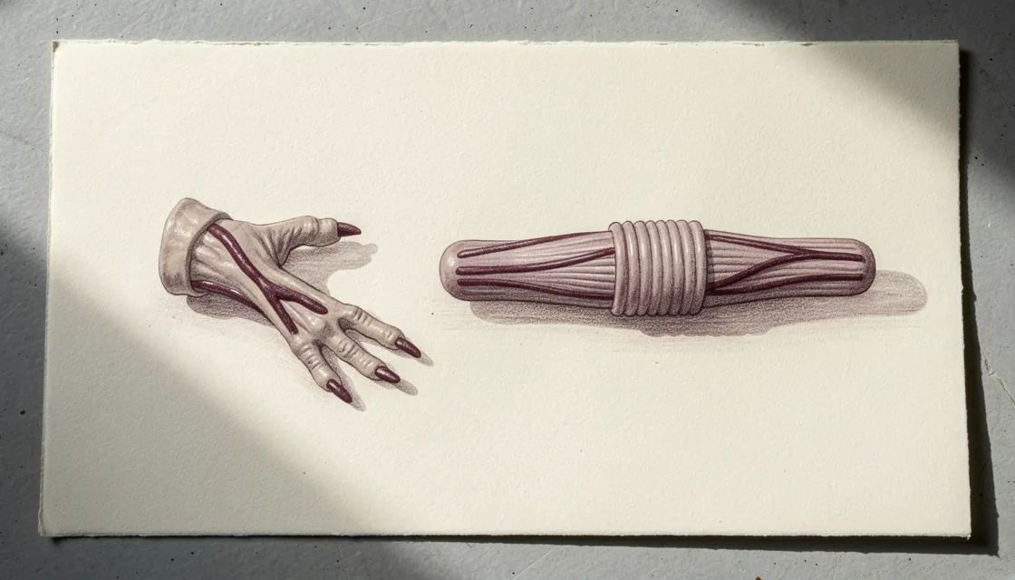 Soft-colour anatomical sculpture of a rat hind limb beside a separate enlarged nerve model on cream paper.