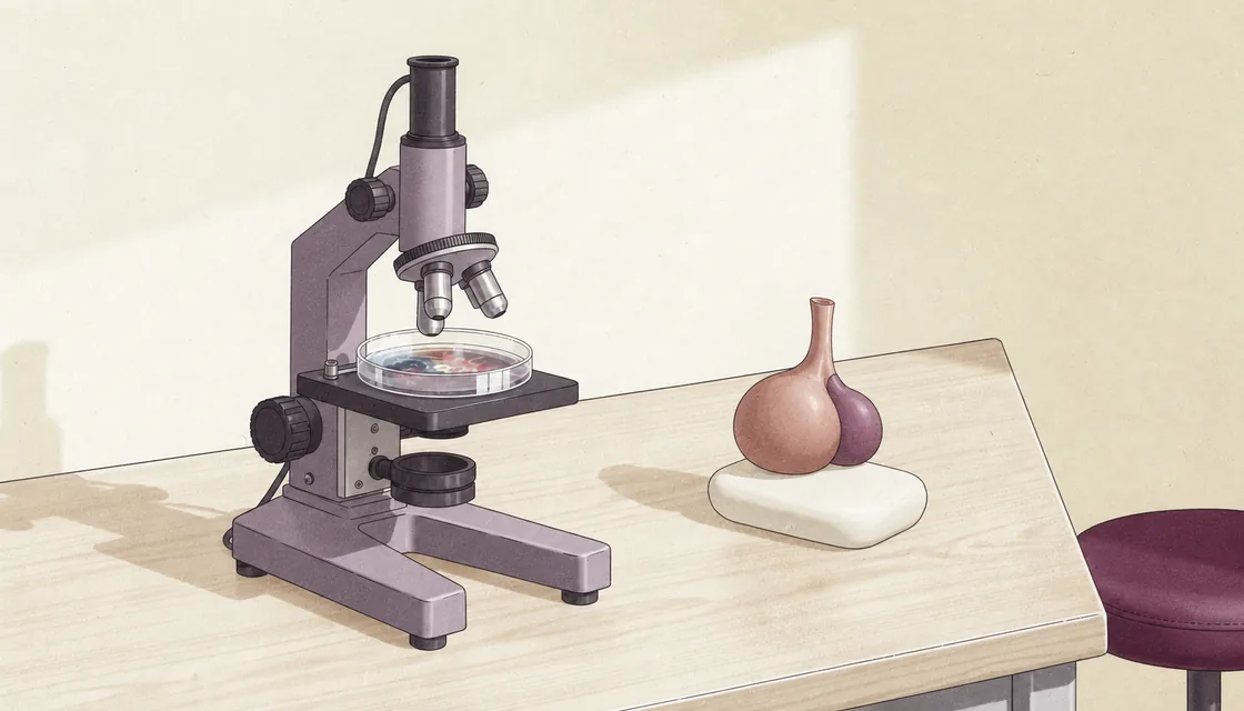 Editorial illustration of a small pituitary teaching model beside a culture dish under an upright microscope.