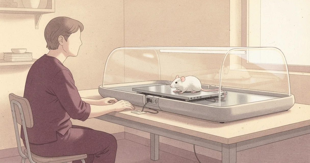 Editorial print of a technician observing a mouse on an enclosed behavioural testing platform.