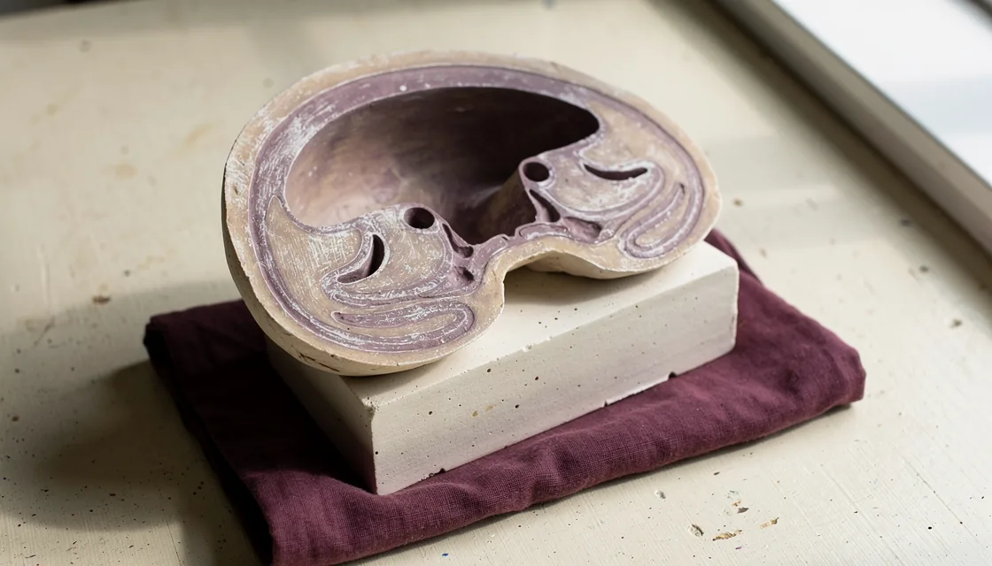 Illustrated cutaway teaching model of a rat brain with its internal cavities exposed on a pale worktable.